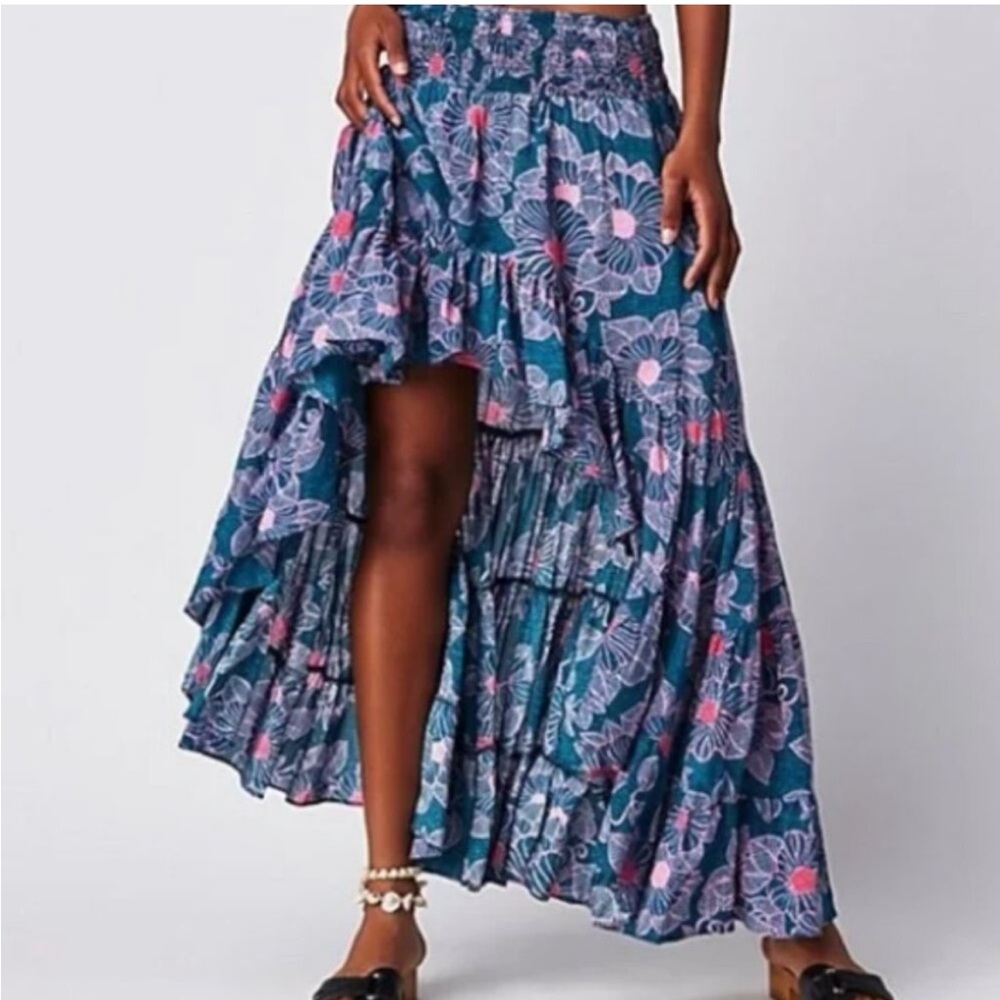 Free People Morning Sun Ruffle Floral High Low Maxi Skirt